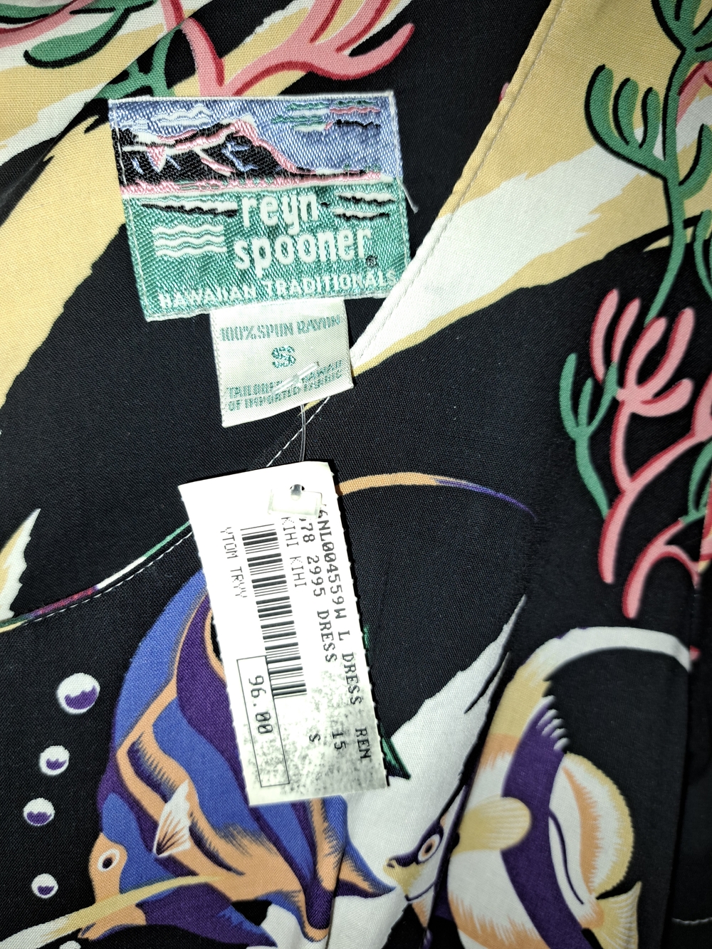 reyn spooner Black Midi Dress with Pink, Green, Purple and Yellow Tropical Motif
